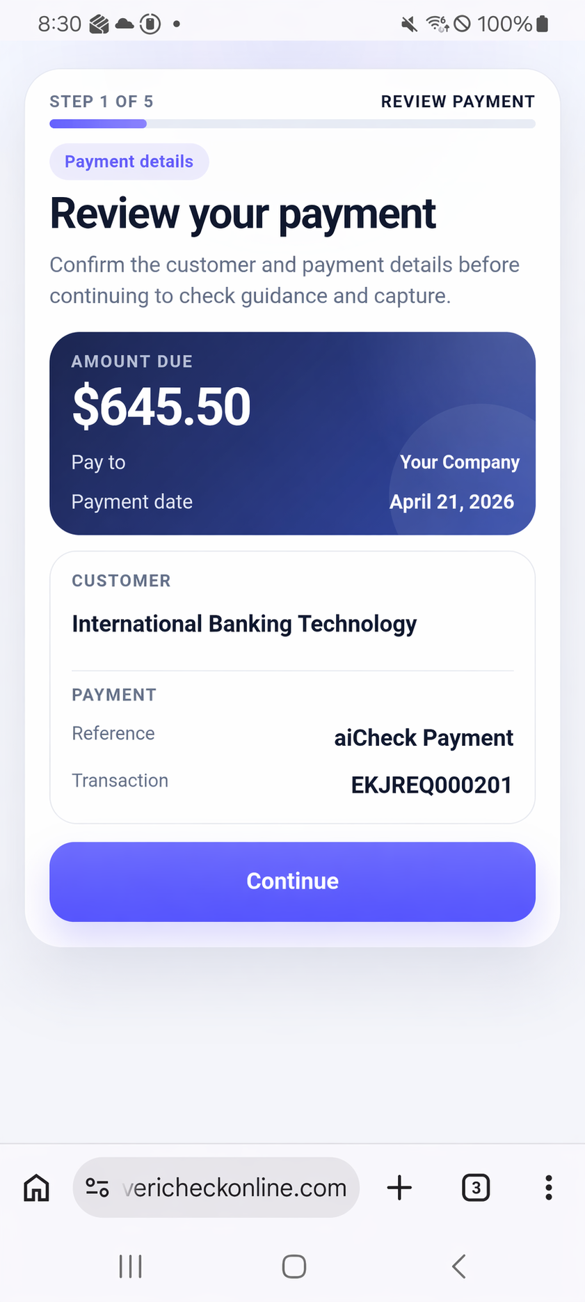 aiCheck review payment details screen